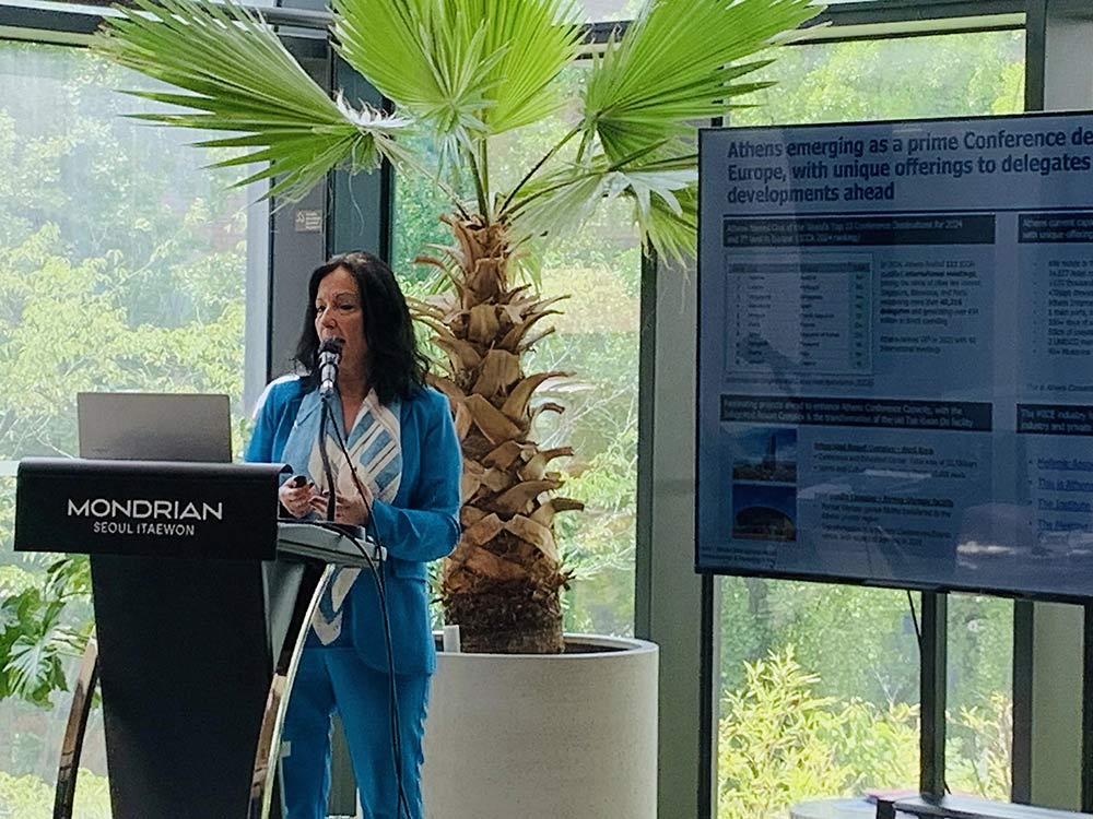 Ioanna Papadopoulou, Director of International Affairs at Athens International Airport, delivering a presentation in Seoul during a special event dedicated to boosting tourism to Greece.📍 Mondrian Seoul Itaewon, South Korea | 📷 Photo credit: Anna J. Park, The Korea Times